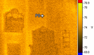 Here is a different section of the same wall, later in the day, after the sun has warmed it on the exterior and net heat flow was reversed. The studs are now warmer than the cavities suggesting, to the untrained eye, a lack of insulation, when, in fact, the opposite is true!
