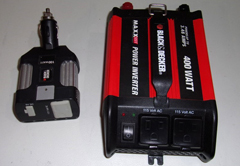 Power inverter that plugs into your car's cigarette lighter/power port .