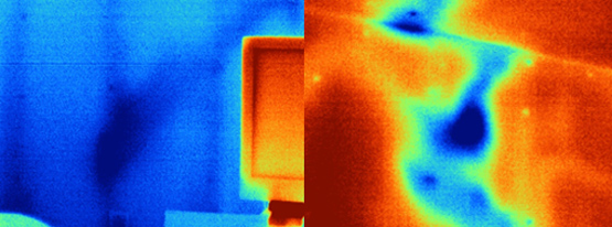 We can see some irregular thermal patterns in these images of walls. 